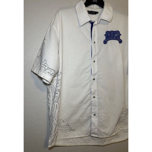 COOGI Button Up Shirt Mens 3XL Blue Embroidered Luxe Ivory Linen Y2K Hawaiian - Picture 2 of 12